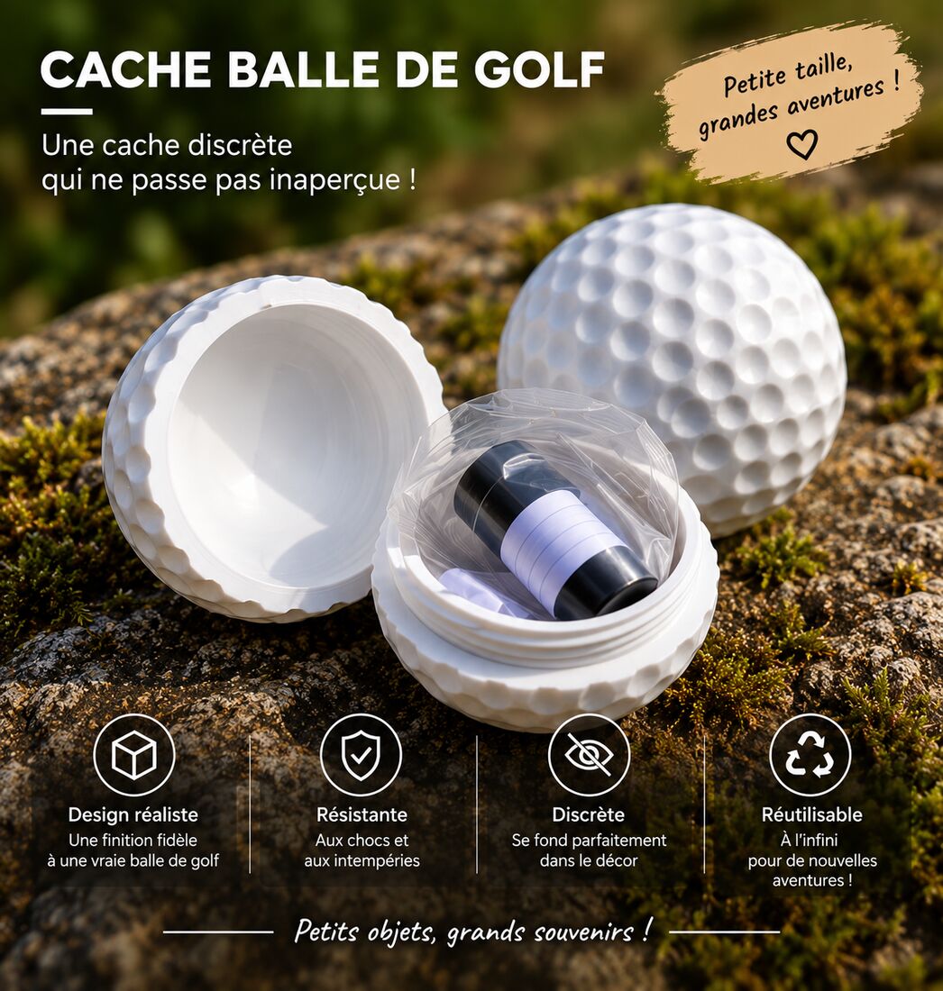Cache en forme de balle de golf imprimée en 3D, ouverte sur un logbook