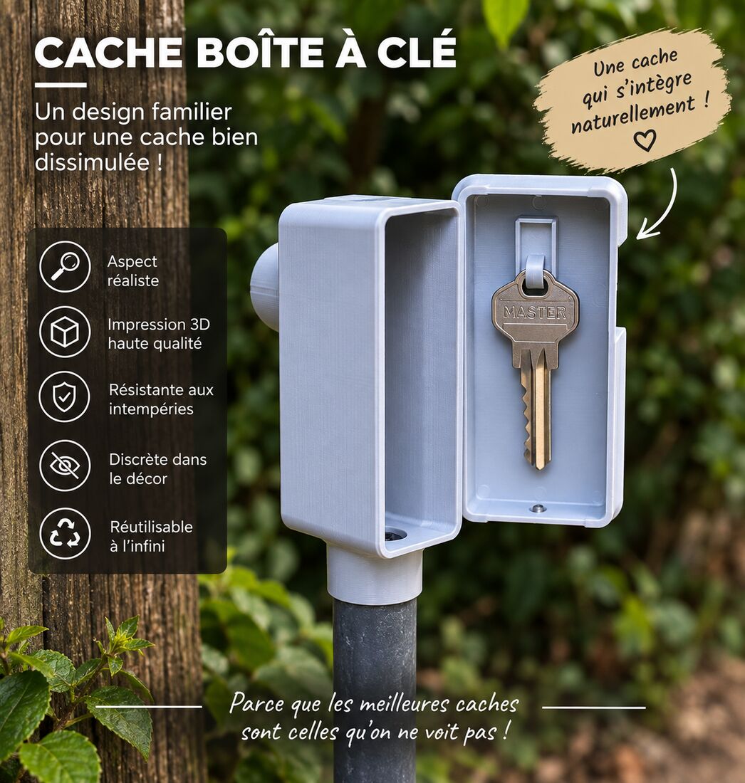 Cache imitant un boîtier à clé fixé sur un poteau, contenant une clé