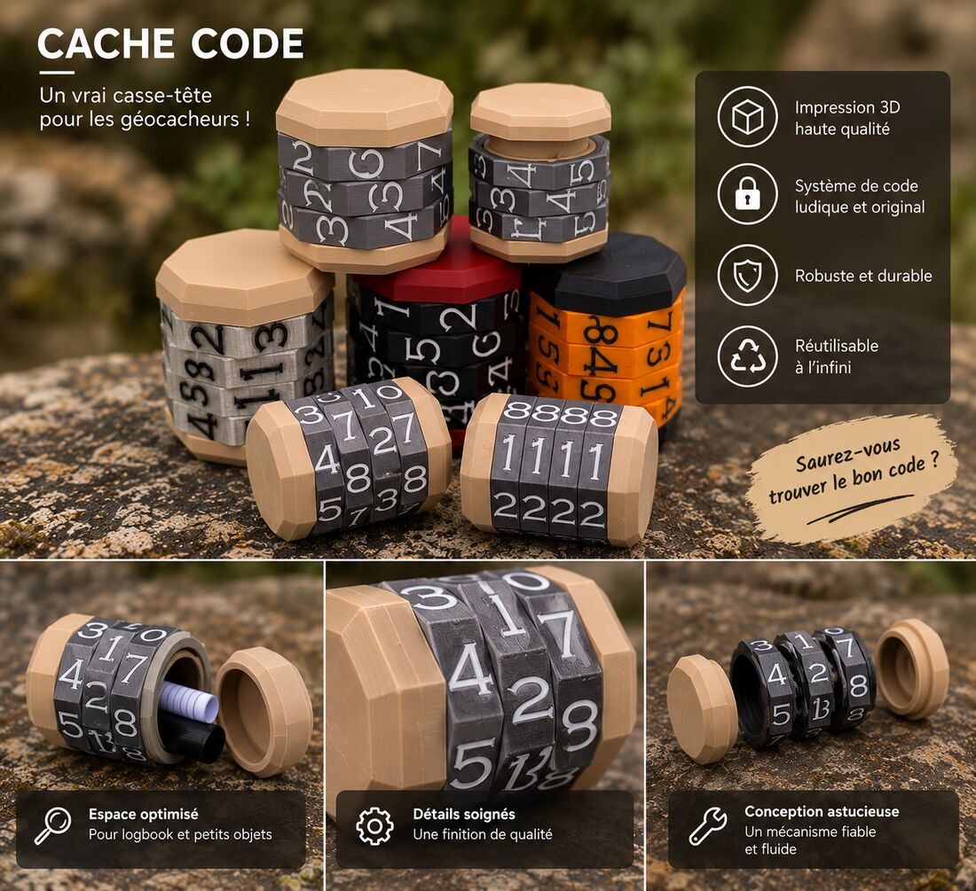 Caches cylindriques à molettes numérotées imprimées en 3D, en plusieurs coloris