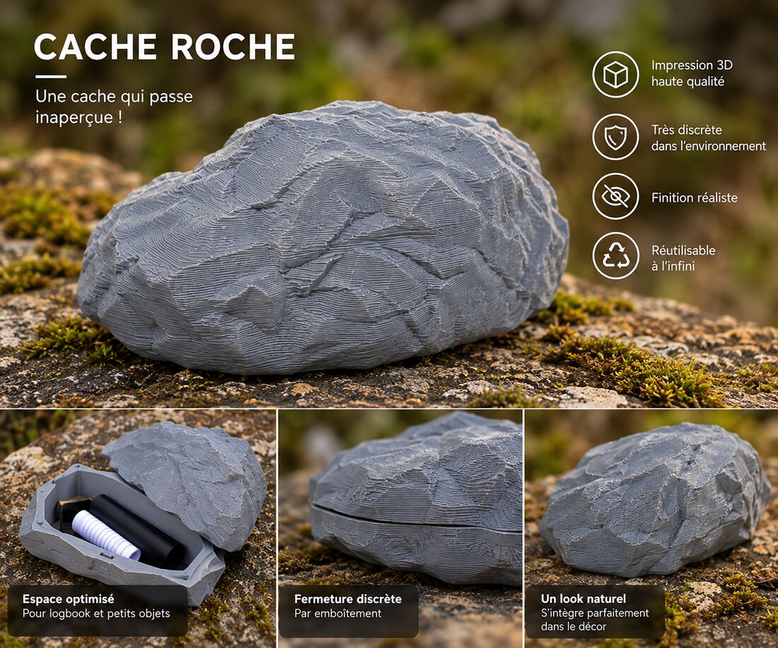 Cache en forme de pierre grise imprimée en 3D, ouverte sur un logbook