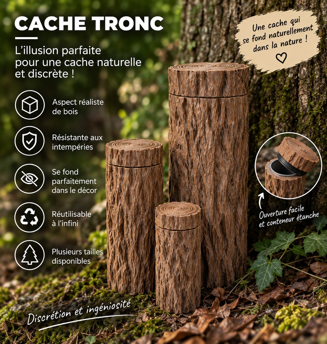 Cache en forme de rondin de bois imprimée en 3D, trois tailles, posée au pied d'un arbre